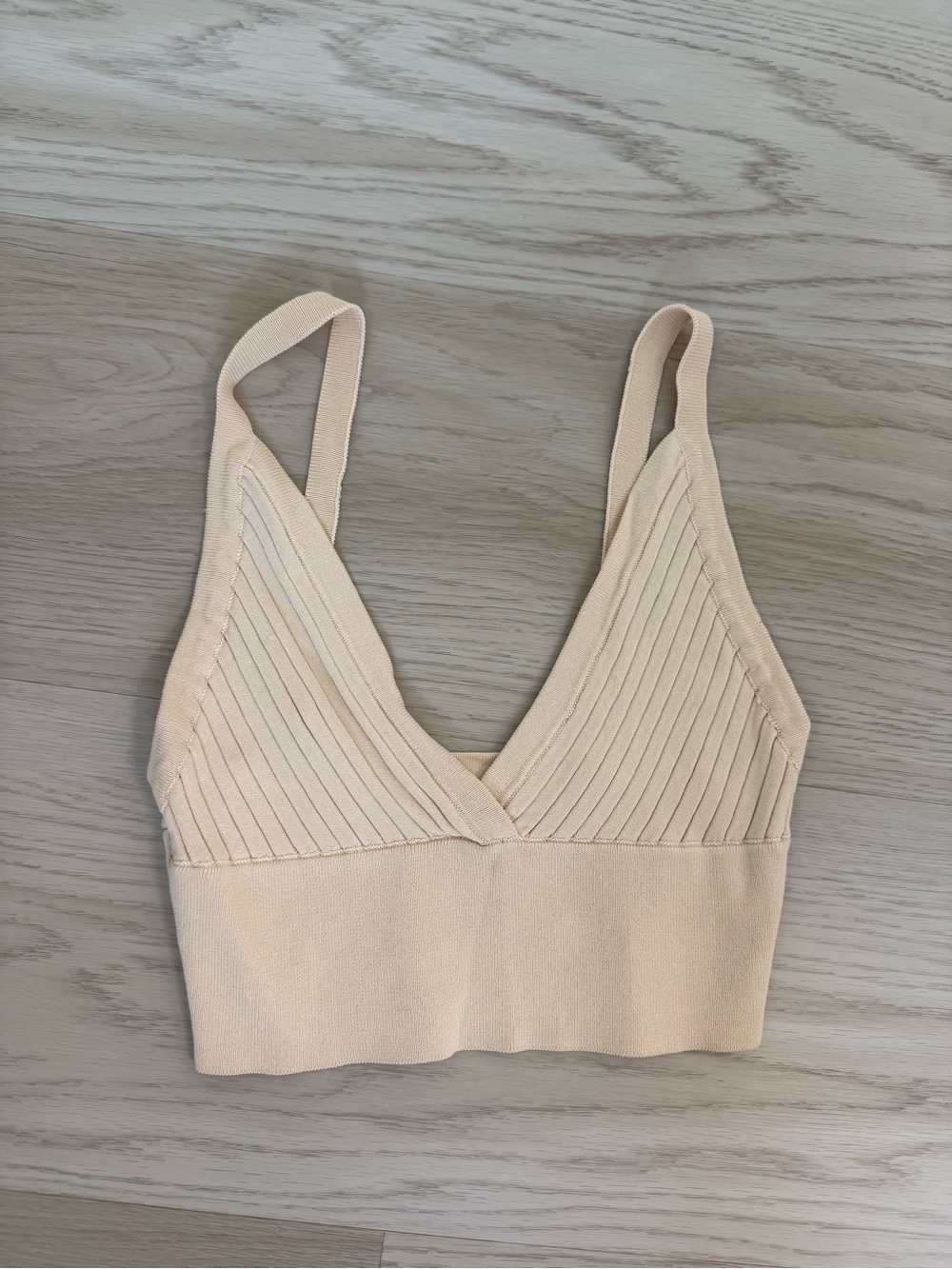 Seamless Ribbed V-Neck Crop Bralette in Light Beige
